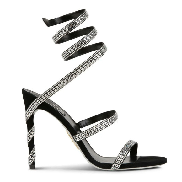 Rene Caovilla Margot Black Silver Crystal Ankle Wrap Strap Sandal Heel Pump 37.5 - Picture 1 of 13